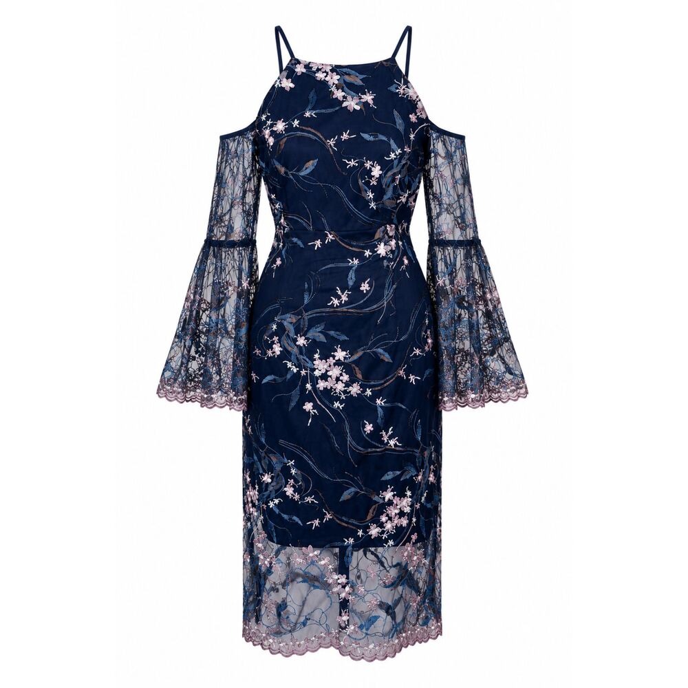 Nanette Lepore Spring Bloom Floral Embroidered Cold Shoulder Dress Navy SZ 8
